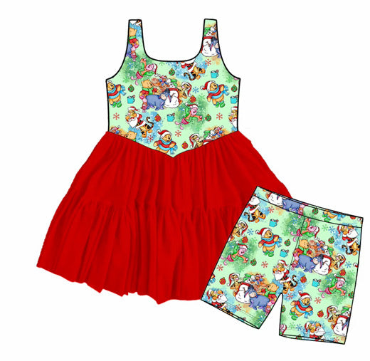 Classic Pooh Christmas Twirl Dress with Detached Biker Shorts | Family Matching Holiday Boutique Outfit | Preorder
