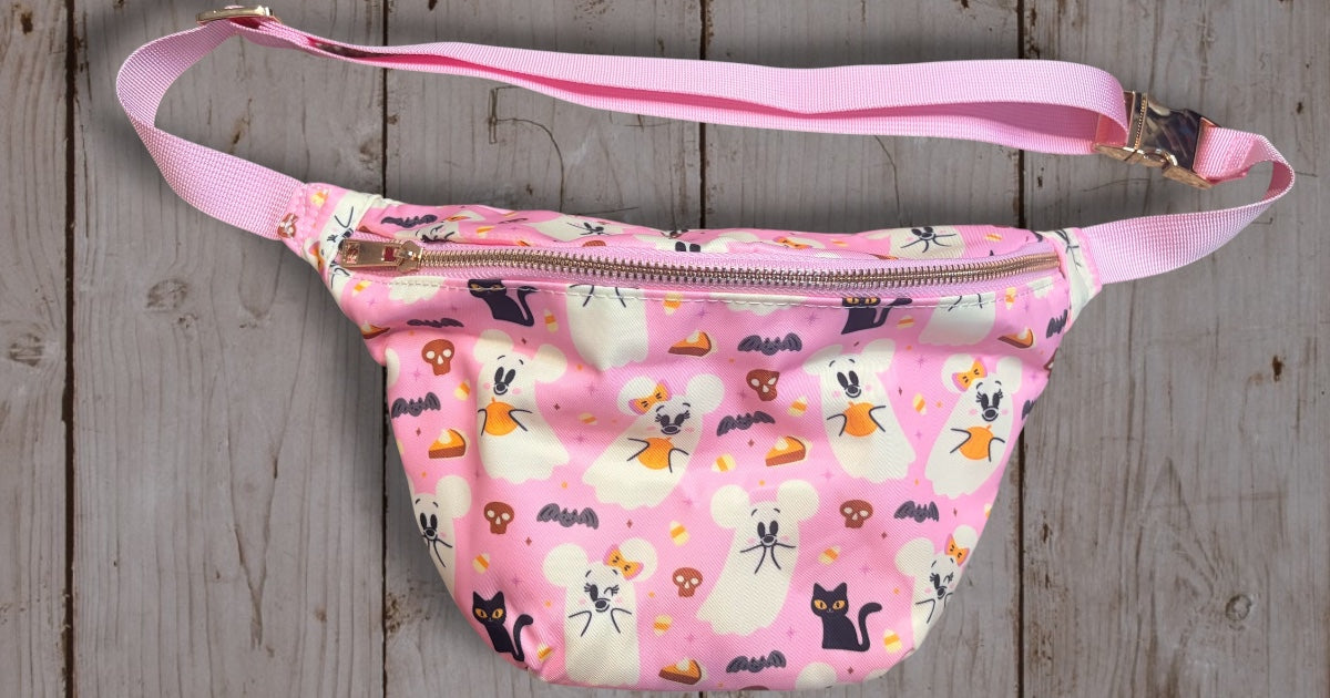 Pink Halloween Ghost Belt Bag | Spooky Mickey Ghost & Black Cat Fanny Pack | Cute Halloween Crossbody Waist Bag | Inspired Park Bag