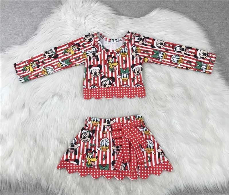 Girls Mickey & Friends Christmas Outfit Set | Red & White Holiday Skirt Set | Long Sleeve Boutique Christmas Outfit