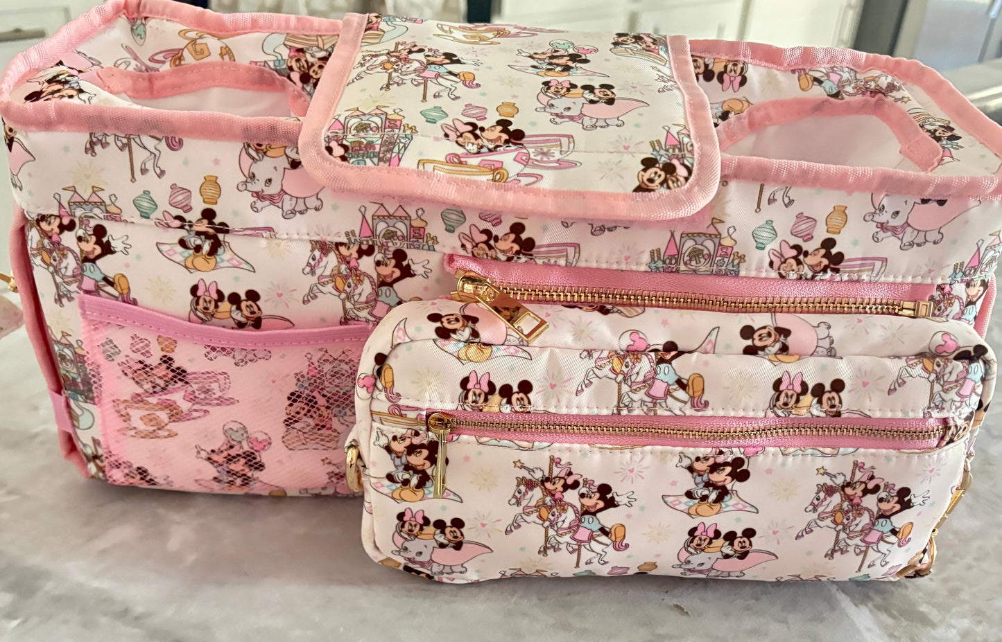 Pink Magical Main Street Stroller Caddy Organizer with Insulated Cup Holders | Detachable Wristlet | Universal Stroller & Wagon Organizer