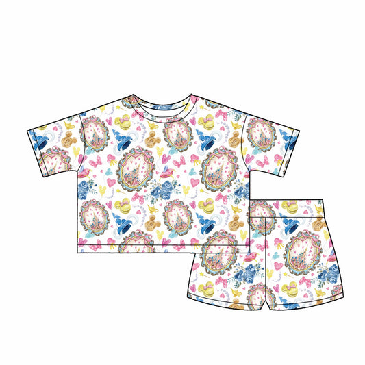 Women’s & Girls Matching Castle Waffle Lounge Set | Magical Castle Print Top & Shorts | Mommy & Me Matching Set