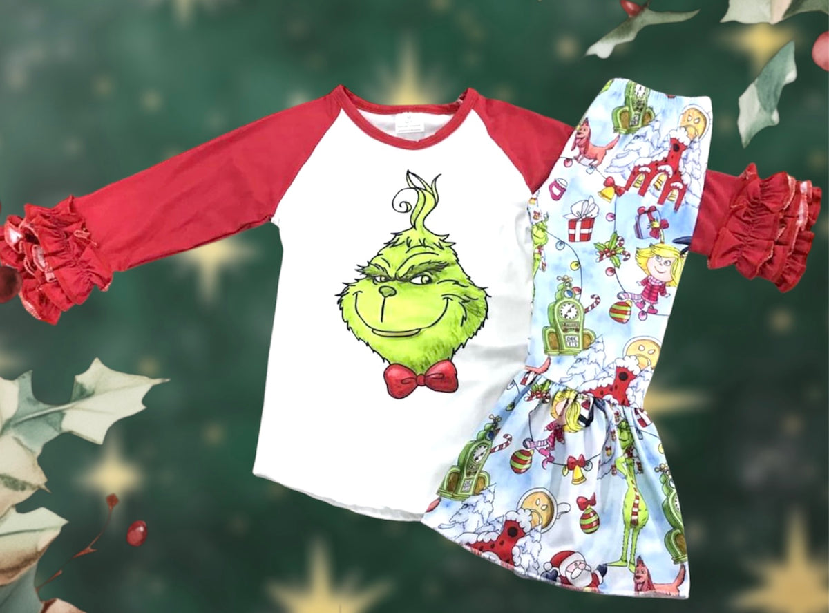 Mean Green Guy Girls Bell Sleeve Set | Christmas Graphic Raglan Top & Bell Pants