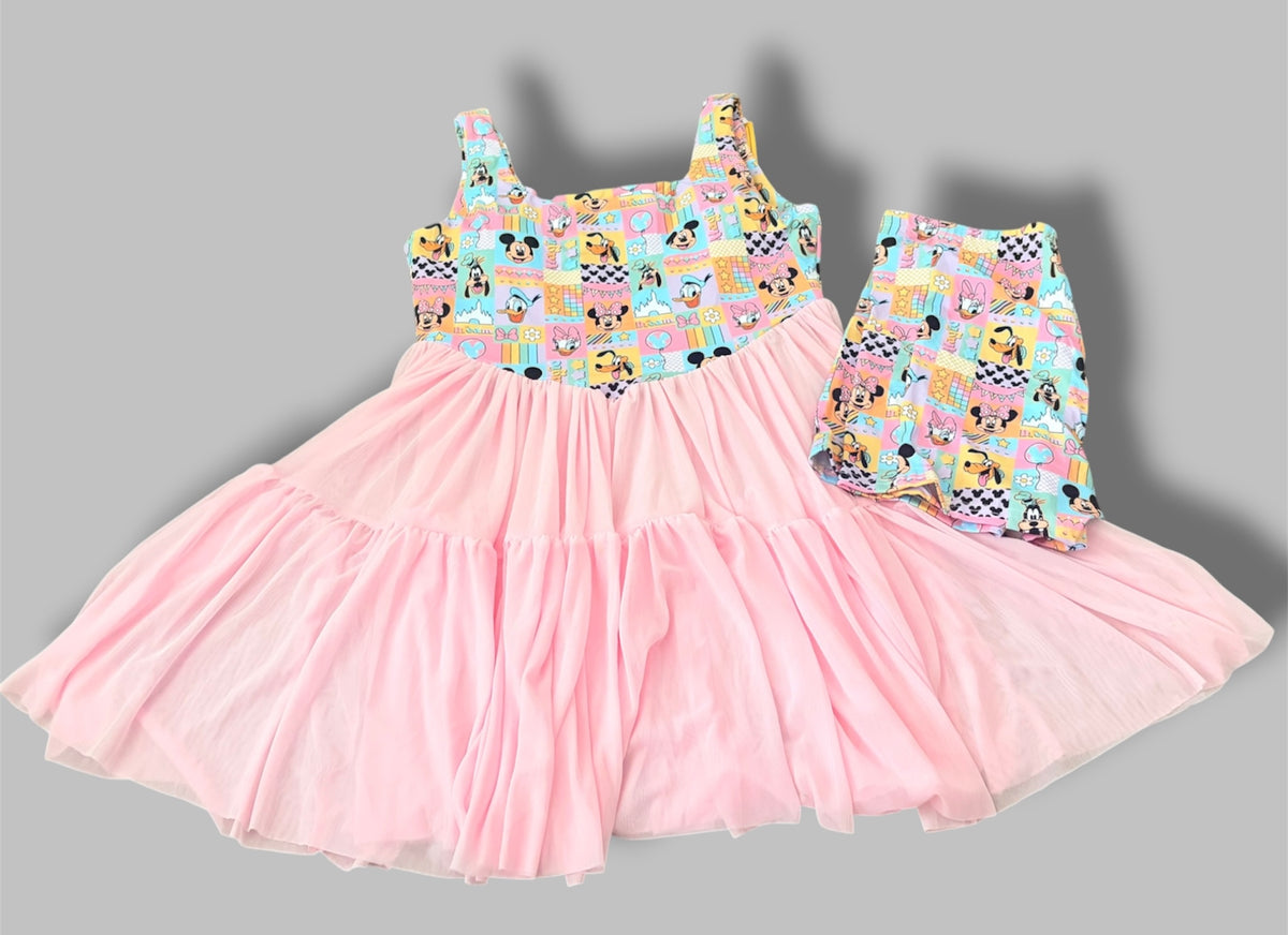 Magical Mouse Patchwork Mama & Mini Pink Twirl Dress Set | Mommy & Me Matching Dresses