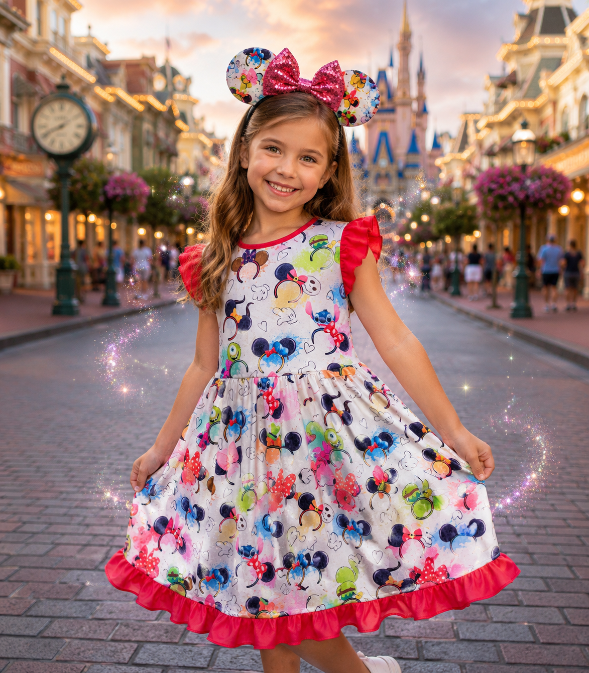 Magical Mouse Ear Twirl Dress | Girls Boutique Character Inspired Dress | Main Street Vacation Outfit | Flutter Sleeve Dress