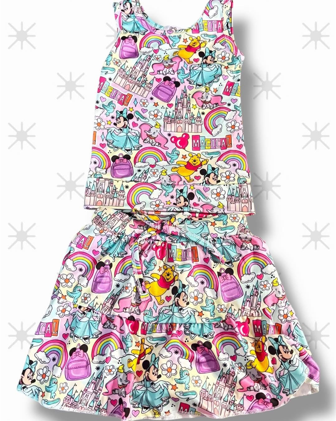 Girls Magical Character Activewear Set – Tank Top & Skirt with Built-In Shorts – Theme Park Outfit – Princess Inspired Athletic Set – Vacation Outfit