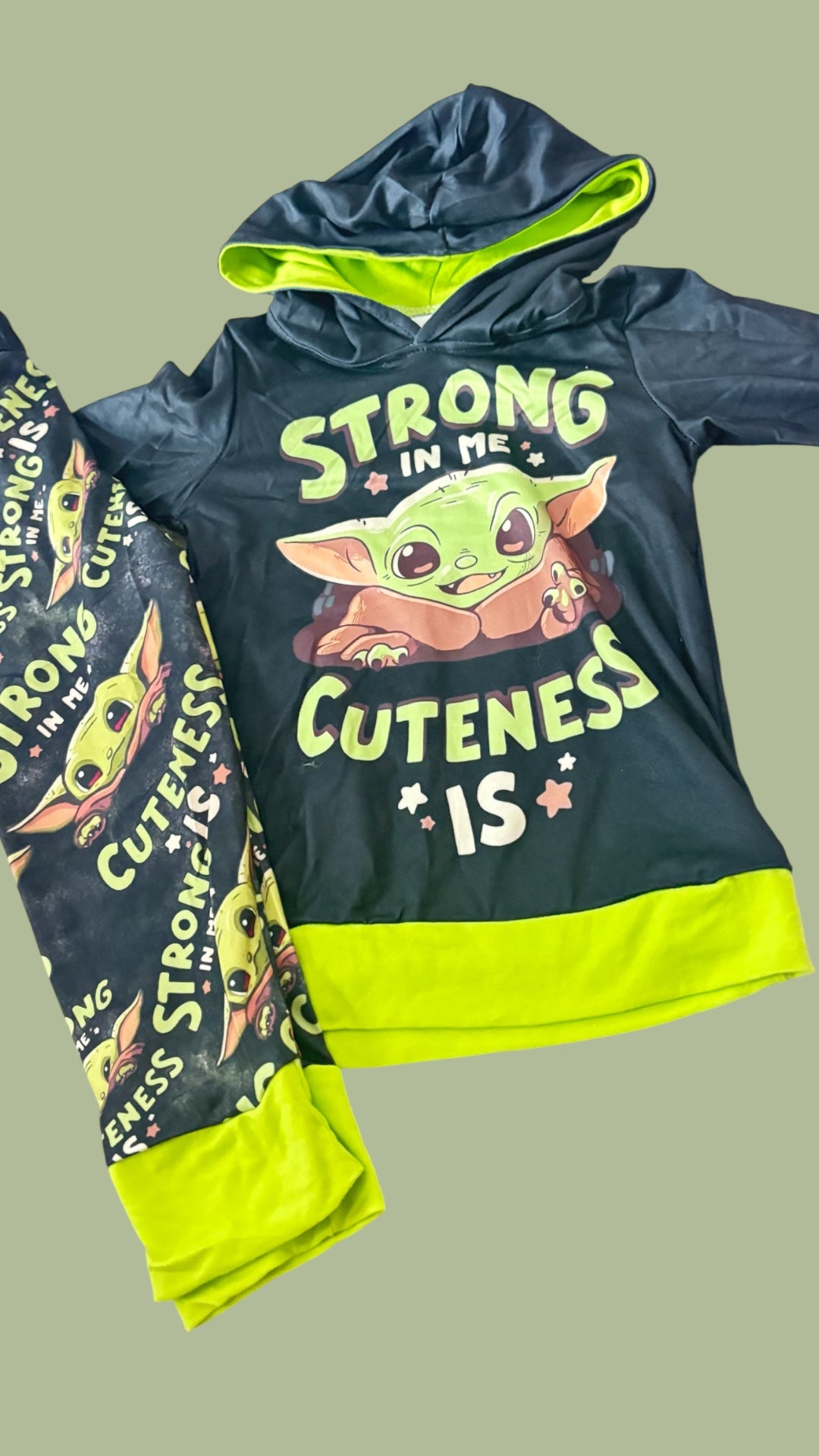 Strong in Me Cuteness Is Boys Hooded Outfit Set | Baby Yoda Inspired Kids Lounge Set | Milk Silk Hoodie & Jogger Pants | Toddler Boys Cartoon Outfit