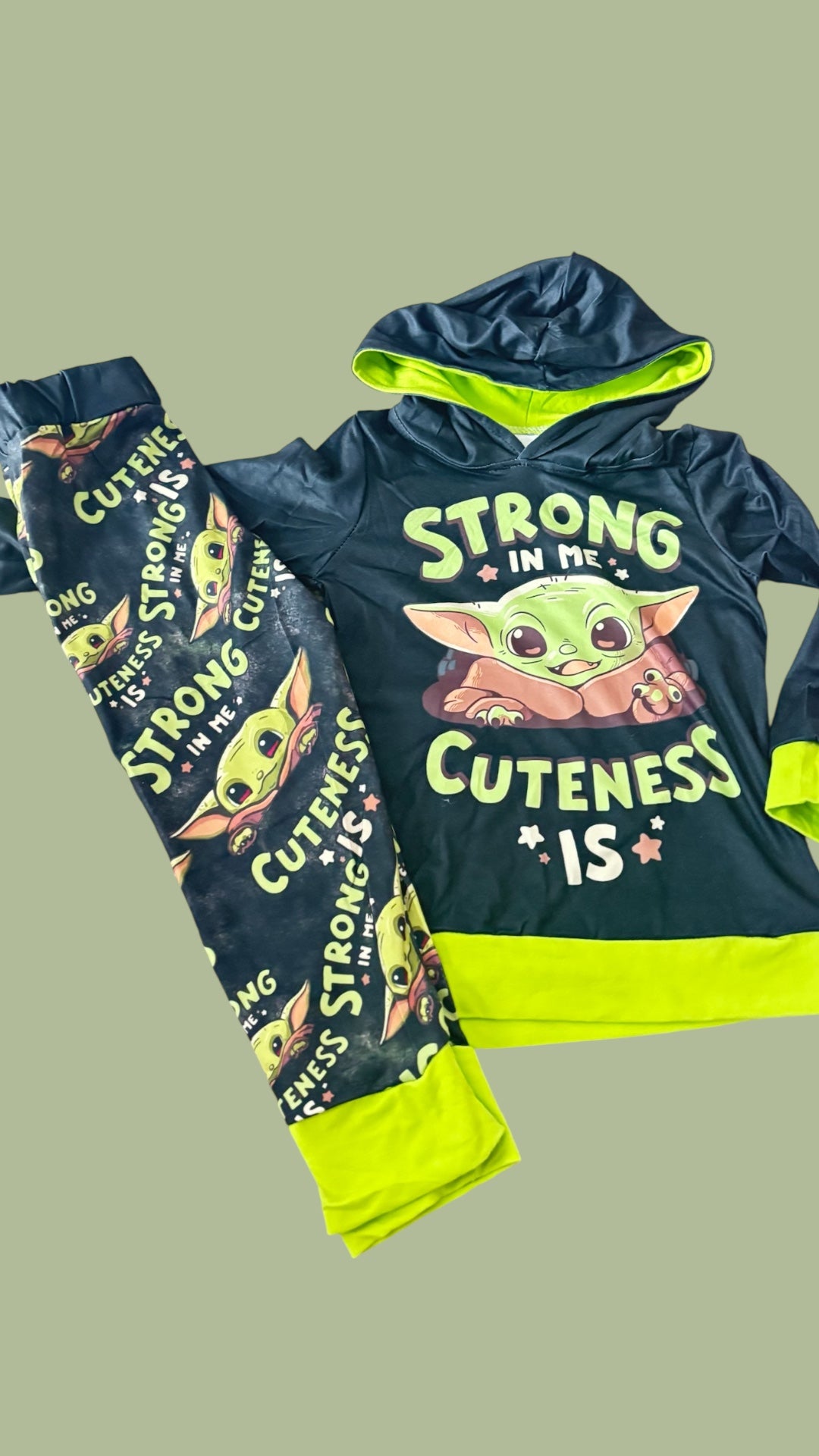 Strong in Me Cuteness Is Boys Hooded Outfit Set | Baby Yoda Inspired Kids Lounge Set | Milk Silk Hoodie & Jogger Pants | Toddler Boys Cartoon Outfit