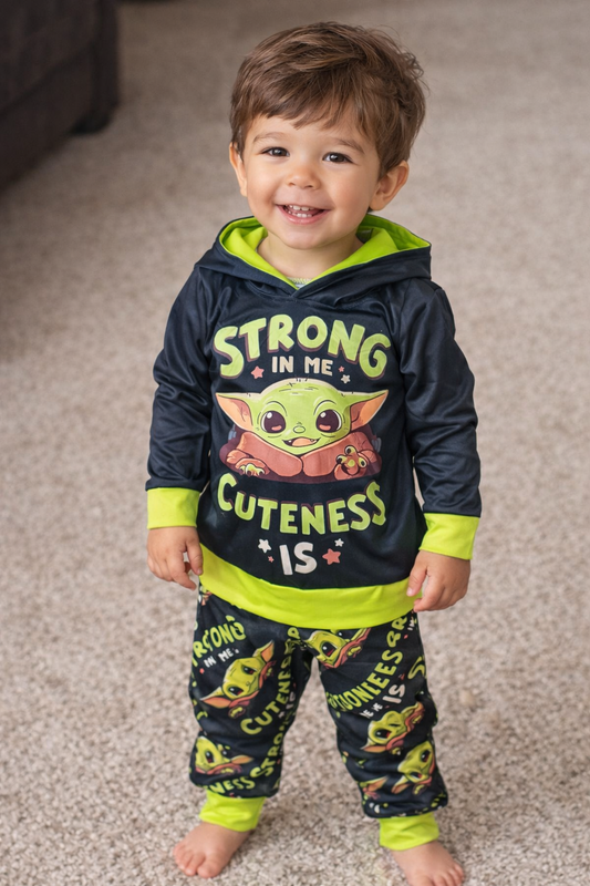 Strong in Me Cuteness Is Boys Hooded Outfit Set | Baby Yoda Inspired Kids Lounge Set | Milk Silk Hoodie & Jogger Pants | Toddler Boys Cartoon Outfit