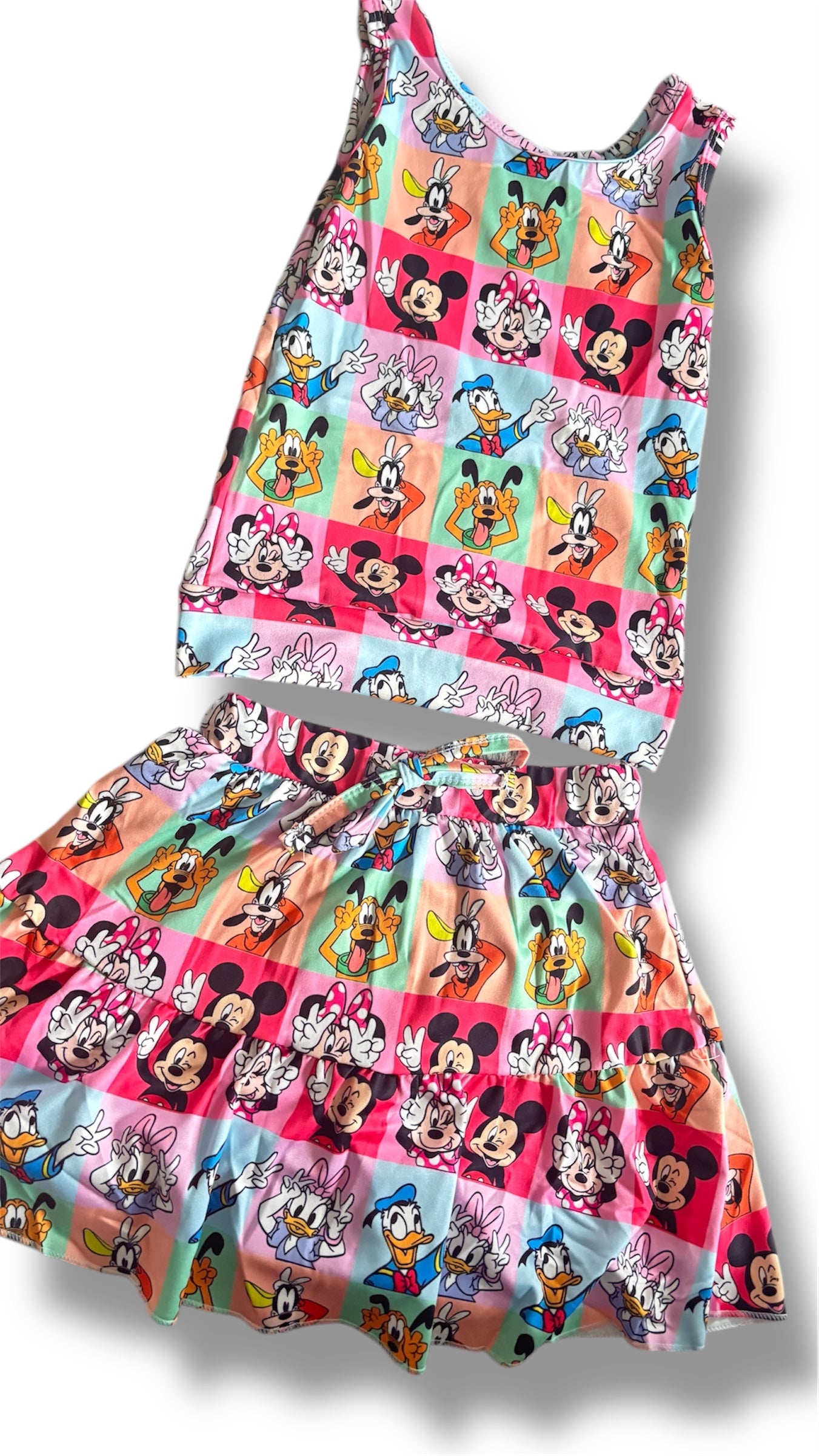 Retro Mouse & Friends Girls Activewear Set – Toddler Tank & Skirt with Built-In Shorts – Matching Brother Button Down Family Outfit