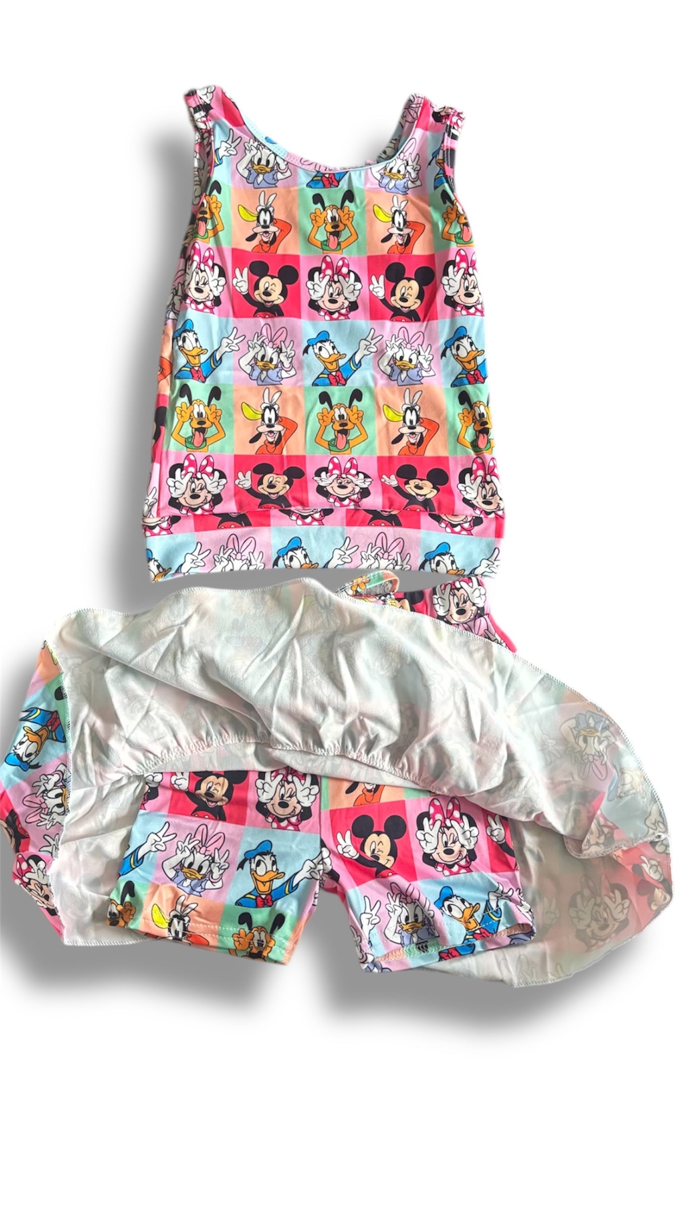 Retro Mouse & Friends Girls Activewear Set – Toddler Tank & Skirt with Built-In Shorts – Matching Brother Button Down Family Outfit