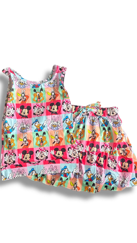 Retro Mouse & Friends Girls Activewear Set – Toddler Tank & Skirt with Built-In Shorts – Matching Brother Button Down Family Outfit