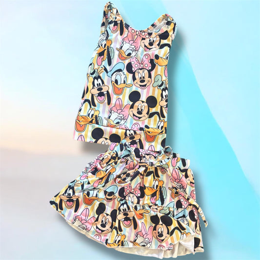 Pastel Mouse and friends Cartoon Character Girls Activewear Set with Built-In Shorts | Breathable Tank Top & Skort Outfit | Matching Sibling Sets Available | Boutique Kids Vacation Outfit