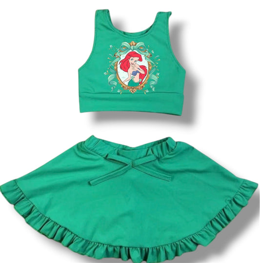 🌊 Girls Mermaid Inspired Active Set – Crop Top & Skort with Built-In Shorts