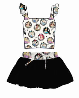 Women’s Princess Character Print Yoga Set | Magical Skirt & Tank Top Activewear Set | Stretchy Yoga Material Matching Outfit