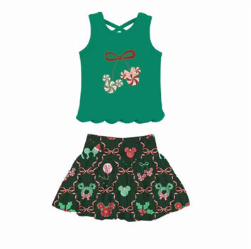 Women’s Christmas Activewear Set | Festive Holiday Tank Top & Skirt Set | Candy Cane Bow Athletic Outfit
