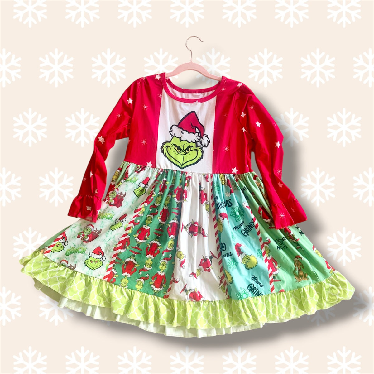 Girls Mean Green Guy Christmas Patchwork Twirl Dress, Santa Hat Graphic & Ruffle Sleeve Holiday Boutique Dress