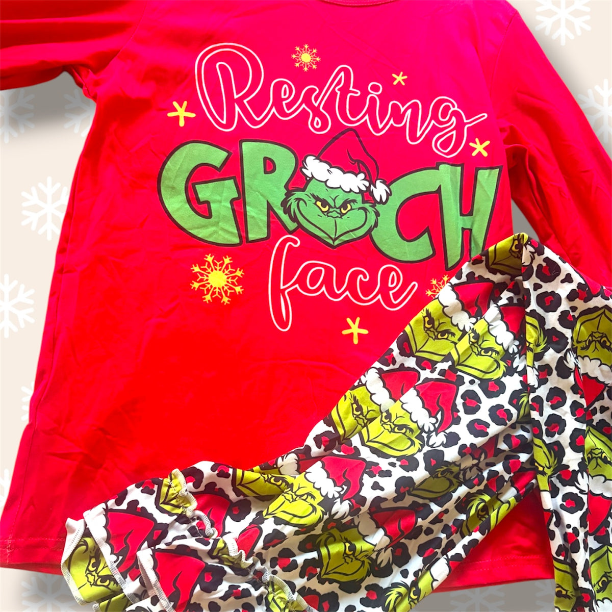 Girls Resting-Grinch Face Christmas Bell Bottom Pants Set | Red Ruffle Sleeve Top & Holiday Flare Pants