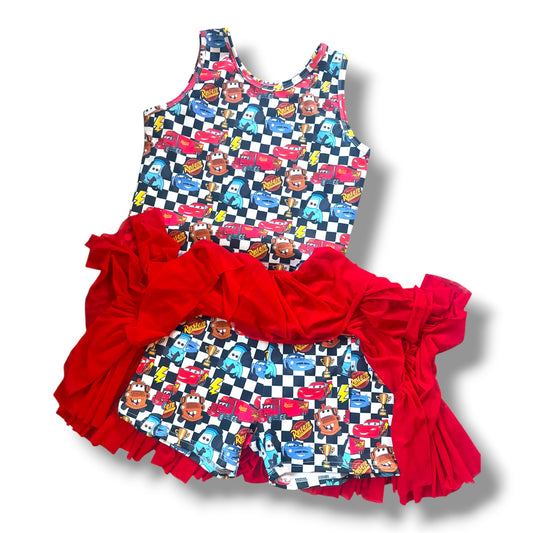 Girls Race Car Checkered Flag Ruffle Shorts Set with Red Bell Sleeve Top | Toddler & Kids Boutique Outfit