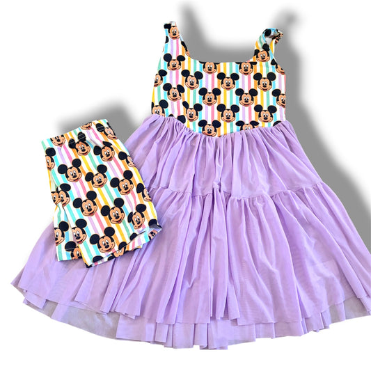 Girls Colorful Mouse Print Lavender Tiered Twirl Dress & Matching Shorts Set | Boutique Character Outfit for Theme Park, Cruise & Family Matching