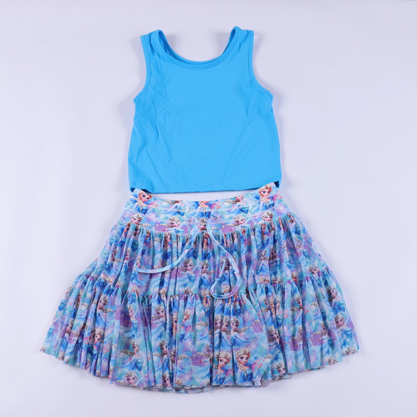 Frozen Women’s Mesh Tulle Skirt Set | Built-In Shorts with Pockets | Matching Blue Tank Top