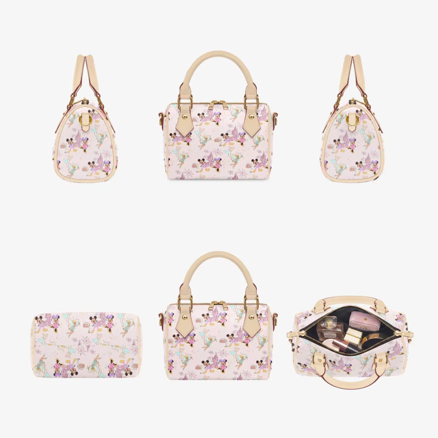 Magical Character Pillow Handbag | Pink Fantasy Print Mini Boston Bag | Mouse and Fairy Inspired Crossbody Purse with Top Handles