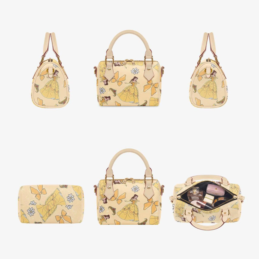 Princess Belle Pillow Handbag | Beauty and the Beast Inspired Mini Boston Bag | Yellow Princess Print Crossbody Purse with Top Handles