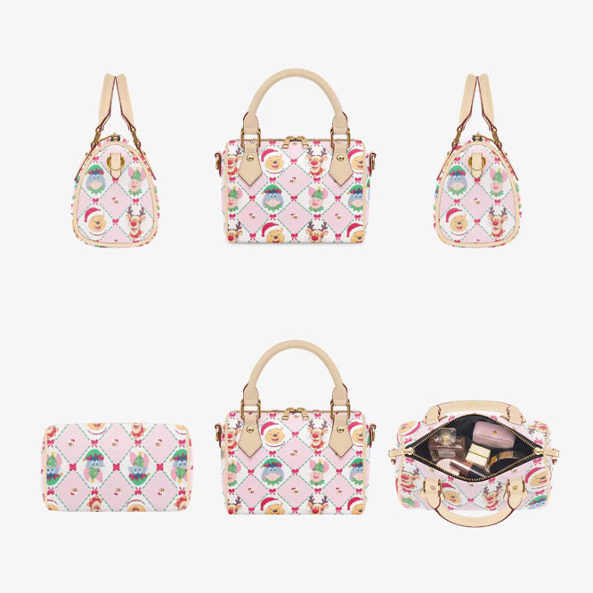 Pooh Christmas Pillow Handbag | Holiday Character Print Mini Boston Bag | Pink Christmas Crossbody Purse with Top Handles