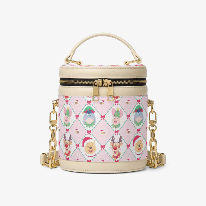 Pooh and Friends Christmas Barrel Bucket Bag, Holiday Character Crossbody Purse, Pink Festive Handbag, Magical Theme Park Bag