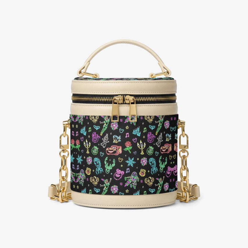 Neon Character Barrel Bucket Bag, Glow-Inspired Magical Friends Crossbody Purse, Colorful Fantasy Print Handbag, Theme Park Bag