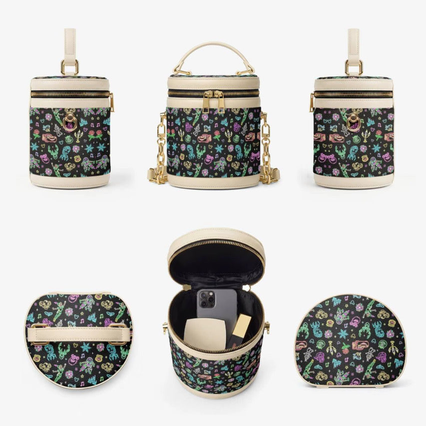 Neon Character Barrel Bucket Bag, Glow-Inspired Magical Friends Crossbody Purse, Colorful Fantasy Print Handbag, Theme Park Bag