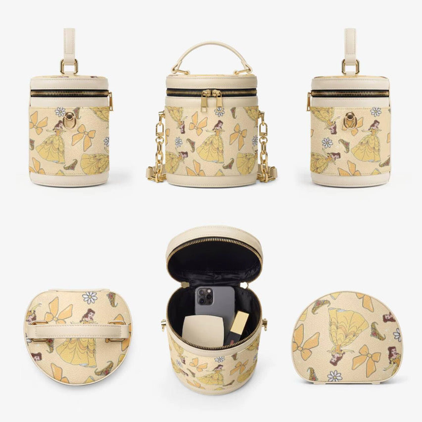 Princess Yellow Barrel Bucket Bag, Fairytale Butterfly Crossbody Purse with Gold Hardware, Magical Park Day Handbag