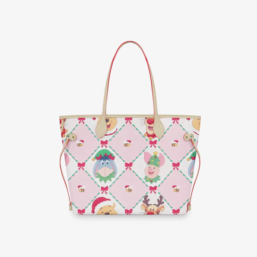 Pooh Christmas Tote Bag | Pink Holiday Character Shoulder Purse | Festive Pooh Bear Handbag | Magical Christmas Park Bag