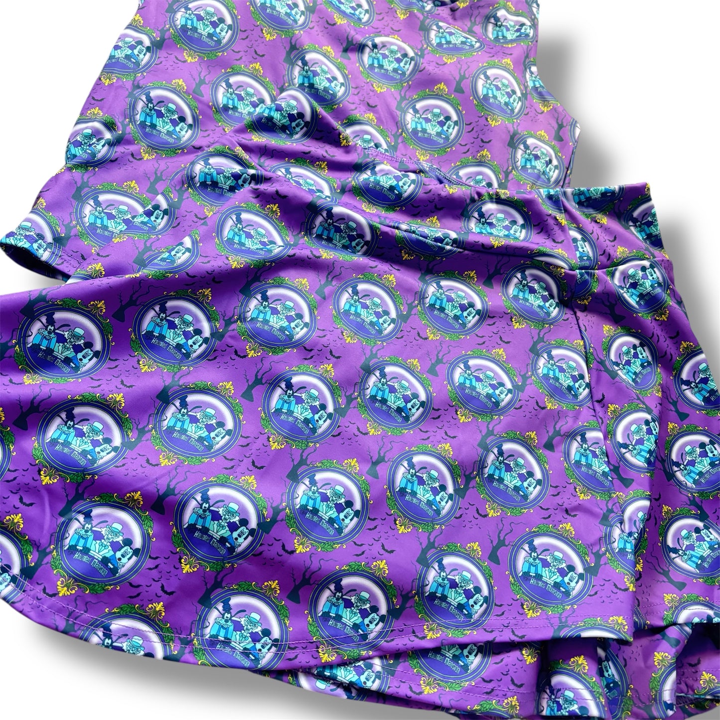Haunted Mansion Women’s Yoga Activewear Set | Purple Haunted Print | Tank Top & Skirted Shorts | Main Street Days