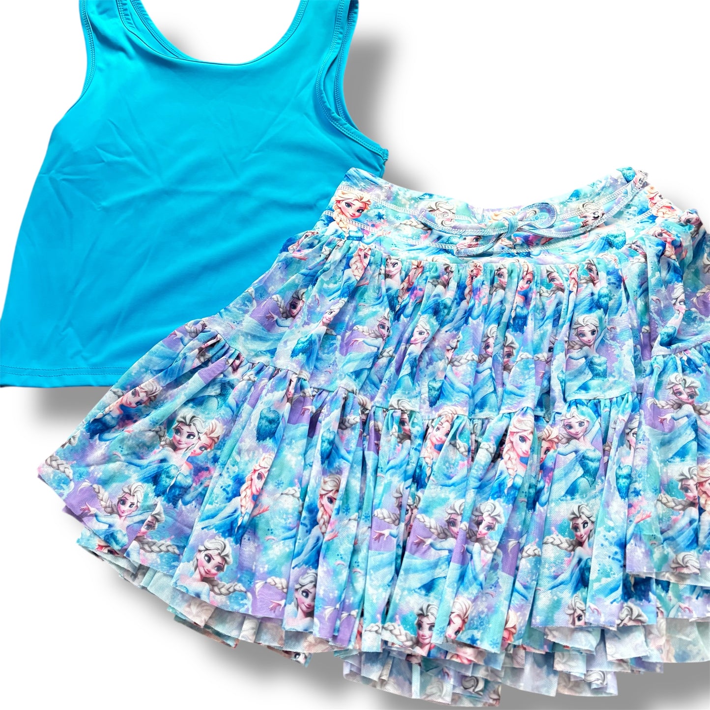 Frozen Women’s Mesh Tulle Skirt Set | Built-In Shorts with Pockets | Matching Blue Tank Top