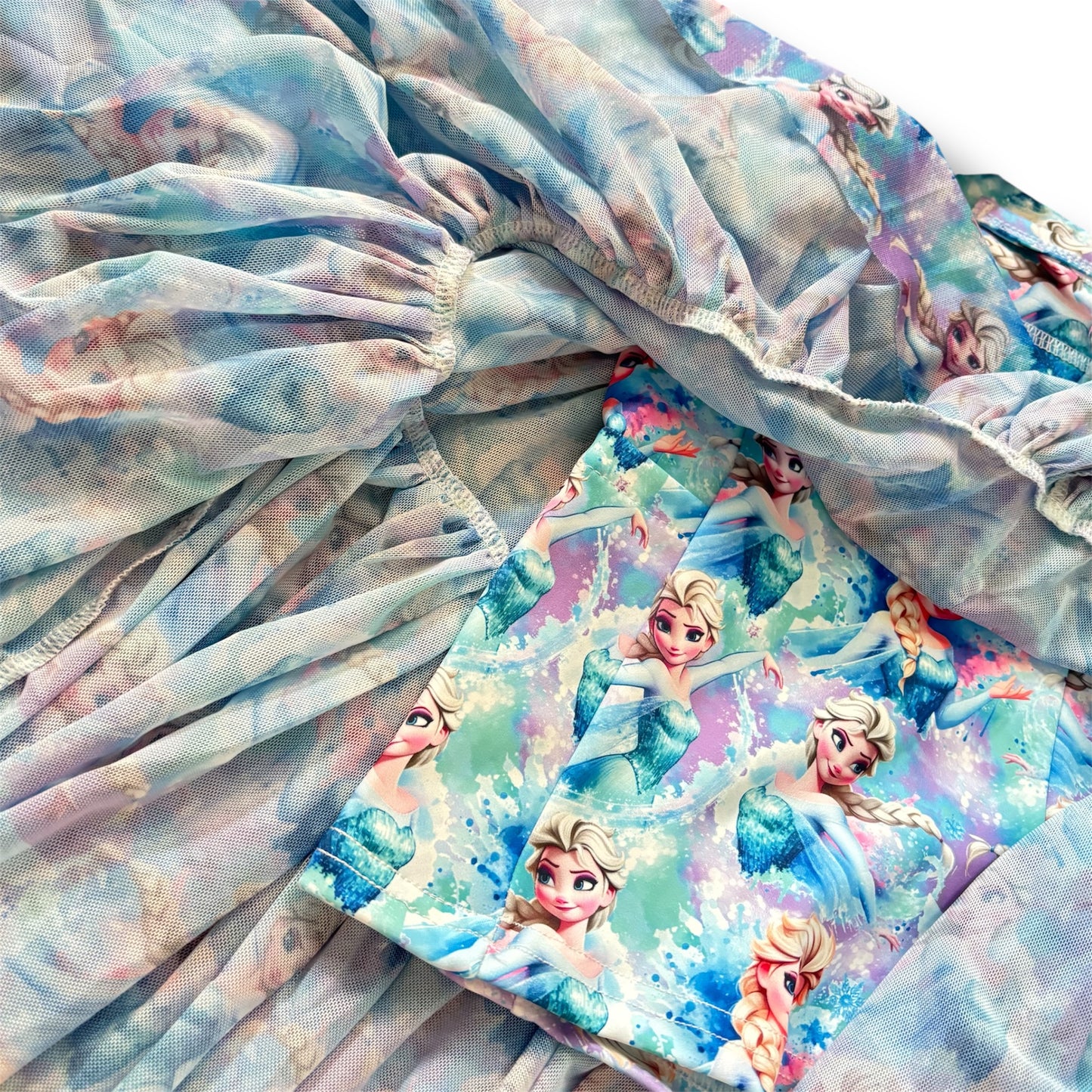 Frozen Women’s Mesh Tulle Skirt Set | Built-In Shorts with Pockets | Matching Blue Tank Top